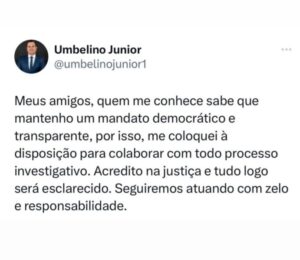 Umbelino comenta ação do Gaeco: ‘Acredito na justiça’