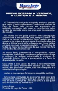 Maura Jorge após retorno à Prefeitura de Lago da Pedra: ‘Fui vítima de um golpe político’