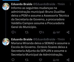 Braide inicia reforma por Semad e PGM; Bruno Duailibe agradece em carta
