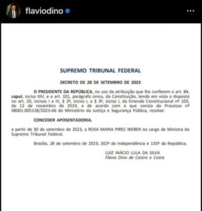Ansioso sobre STF, Dino publica decreto de aposentadoria de Rosa Weber