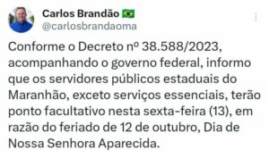 Governador Brandão anuncia ponto facultativo na sexta-feira 13