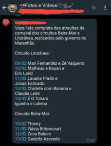 Suposta lista de atrações do Carnaval do MA circula no WhatsApp