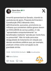 Flávio Dino quer acabar com aposentadoria compulsória de juízes e promotores