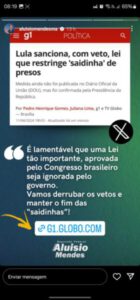 ‘Vamos derrubar’, diz Aluisio sobre veto de Lula a PL que restringe saidinhas