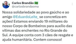 Brandão anuncia envio de bombeiros para apoio a ações humanitárias no RS