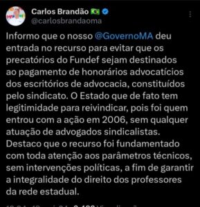 Precatórios do Fundef: Brandão vai ao STF contra honorários de advogados do Sinproesemma