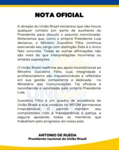 União Brasil nega contato com auxiliares de Lula e reafirma apoio a Juscelino