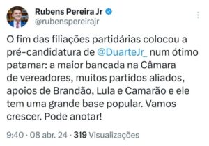 Fim das filiações partidárias coloca pré-candidatura de Duarte em ótimo patamar, avalia Rubens Jr.