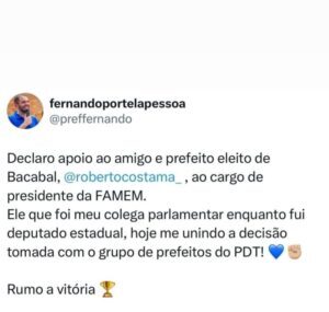 Prefeito Fernando Pessoa do PDT declarou apoio a Roberto Casta para presidente da FAMEM
