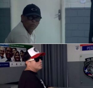 ORIENTADOS: De boné e óculos escuros, motoristas da família Braide ficam calados em depoimento