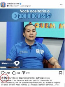 VÍDEO: Rildo Amaral detona Assis Ramos e recebe “curtida” da deputada Janaína, ex-mulher do prefeito