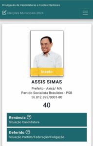 Assis Simas já consta no sistema da Justiça Eleitoral como “inapto”