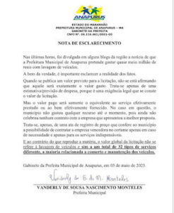 Em nota, Prefeitura de Anapurus esclarece sobre previsão de gastos em licitação que prevê lavagem de veículos e mais 32 tipos de serviços, como conserto e manutenção veicular