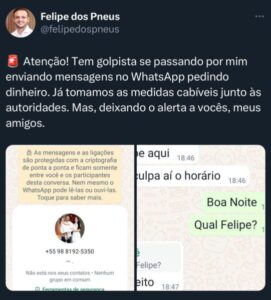 Prefeito Felipe dos Pneus alerta sobre golpista se passando por ele no WhatsApp