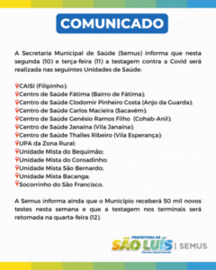 Confira locais de testagem para Covid-19 em São Luís