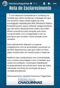 Véu de Maquiavel: Chaguinhas emite nota de esclarecimento