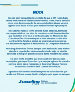 Juscelino reclama de ataques após retorno da irmã em Vitorino Freire