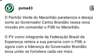 Adriano Sarney confirma apoio do PV a Duarte a parabeniza Brandão
