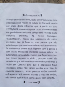 Coroatá é surpreendida por cartazes de ameaça do “Comando Vermelho”