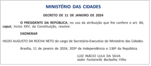 Hildo Rocha mostra surpresa com a sua demissão do ministério das Cidades: “soube pelo Diário Oficial”