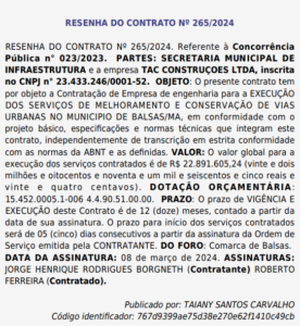 TAC Construções fatura contrato de R$ 22 milhões na Prefeitura de Balsas