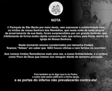 Igreja pega fogo na cidade de São Bento; não houve feridos