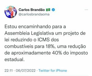 Maranhão anuncia redução de quase 40% no imposto do combustível e energia elétrica