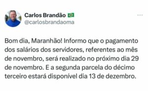Brandão anuncia datas de pagamento do salário de novembro e 13° para servidores