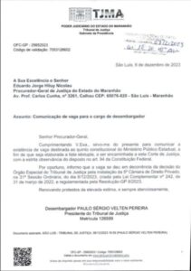 Velten comunica MP sobre vaga no TJMA pelo Quinto Constitucional