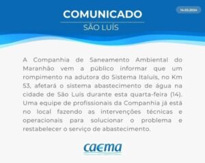 Falta de água atinge bairros de São Luís após rompimento na adutora Italuís
