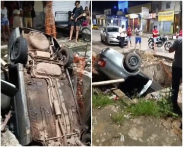 ASSISTA! Carro cai em bueiro e motorista escapa da morte em São Luís