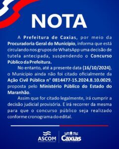 No dia eleição a oposição já circulava tal notificação do MP… A Prefeitura de Caxias ainda não foi notificada pelo MPMA sobre suspensão de concurso público…