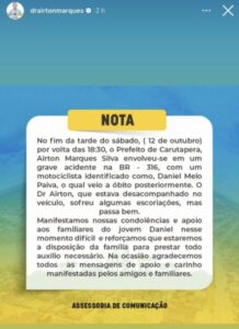 Prefeito de Carutapera se pronuncia sobre acidente na BR-316 que resultou em uma vítima fatal