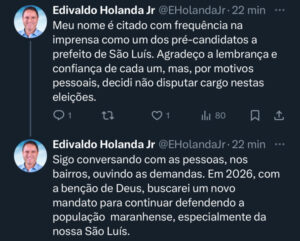 Ex-prefeito Edivaldo Holanda Júnior anuncia que está fora da eleição em 2024