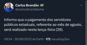 Brandão anuncia antecipação de salário para dia 29…