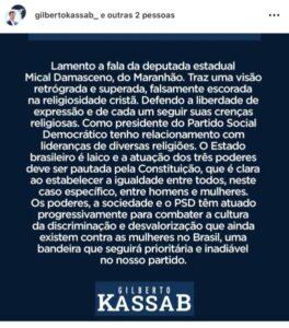 Presidente nacional do partido de Mical, Kassab, detona deputada: “visão retrógrada”