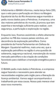 Deputado Pedro Lucas critica o IBAMA por tentar barrar exploração da Petrobrás no Rio Amazonas