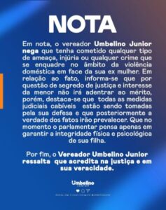 Em nota, Umbelino nega agressões à ex-mulher