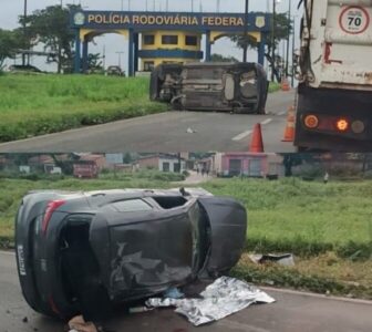 Carro capota na BR-135 e deixa uma pessoa morta e outra ferida; acidente aconteceu perto do posto da PRF, em Pedrinhas