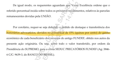 Veja na íntegra a petição dos advogados do SINPROESSEMA que querem 15% dos precatórios dos professores