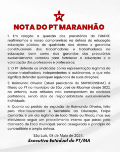 O PT estadual emite nota sobre o pedido de expulsão do presidente do SINPROESSEMA