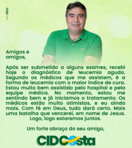 Pré-candidato a prefeito de município maranhense revela diagnóstico de câncer às vésperas das convenções partidárias