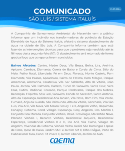 Mais de 50 bairros de São Luís vão ficar sem água, após incêndio em estação do Italuis