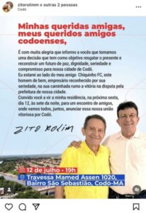 Em carta, Zito Rolim retira sua pré-candidatura e oficializa apoio a Chiquinho FC em Codó