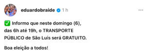 Prefeito Eduardo Braide anuncia gratuidade nos ônibus para o dia da eleição em São Luís