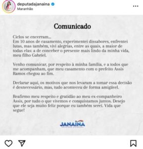 Deputada Estadual Janaína confirma rumores e anuncia fim do casamento com o prefeito de Imperatriz após 10 anos