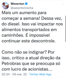 Weverton usa discurso de Bolsonaro para criticar alta dos combustíveis