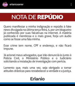 Erlânio Xavier diz que voz em áudio vazado não é sua