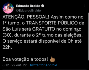 Prefeitura de São Luís também garante transporte gratuito no segundo turno