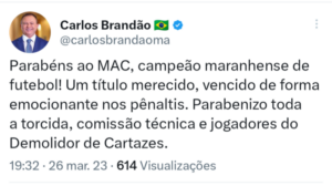 Brandão parabeniza Maranhão em vitória no geral do maranhense